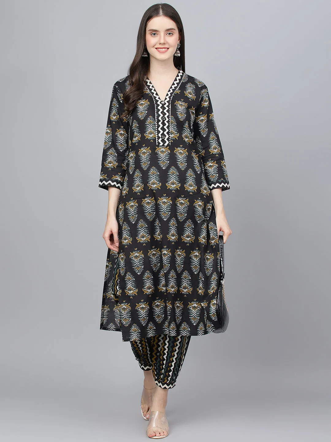 Women Black Cotton Straight Kurta Hem Cuffed Pant Set