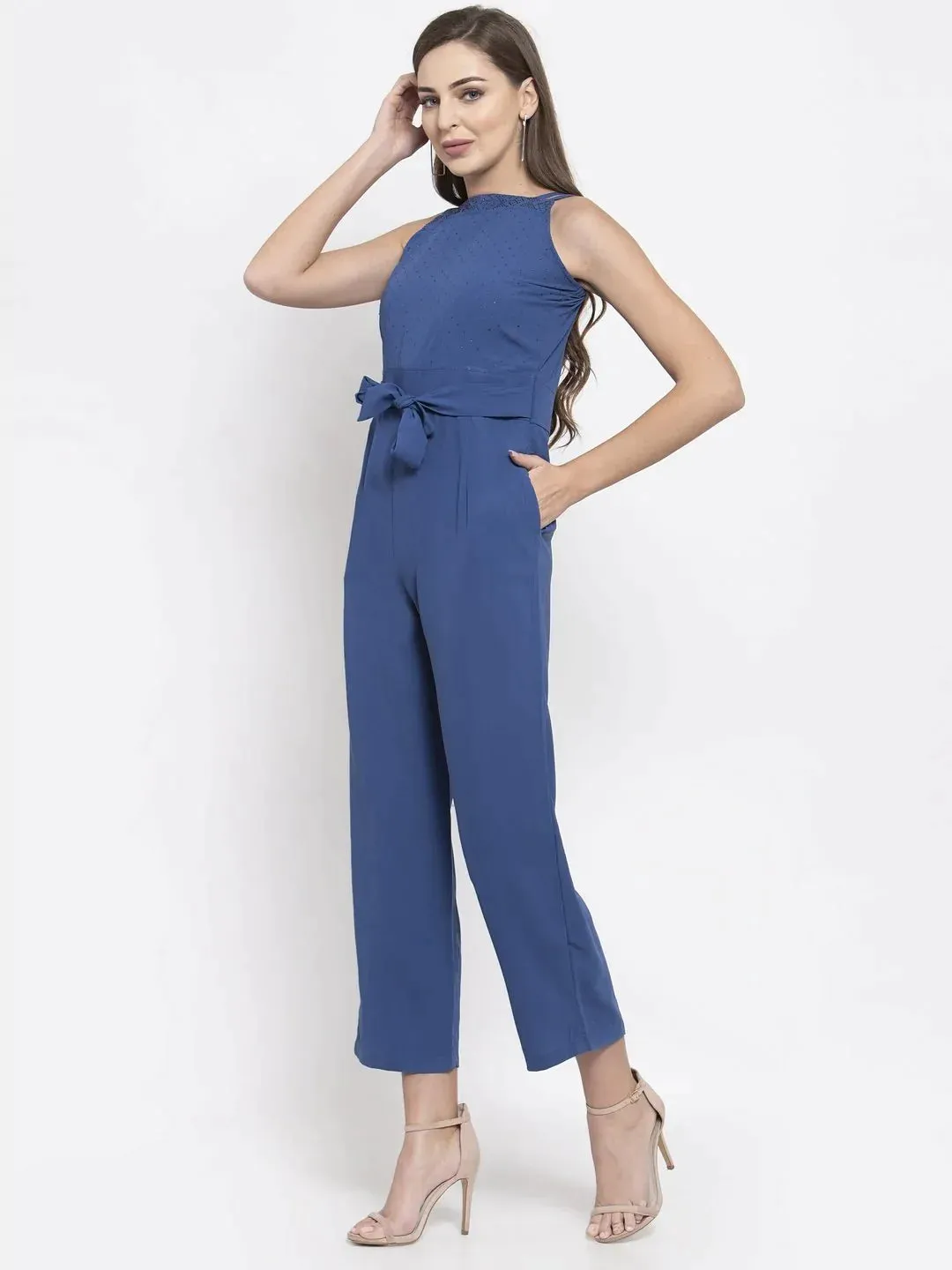 Women Blue Solid Embellished Jumpsuit