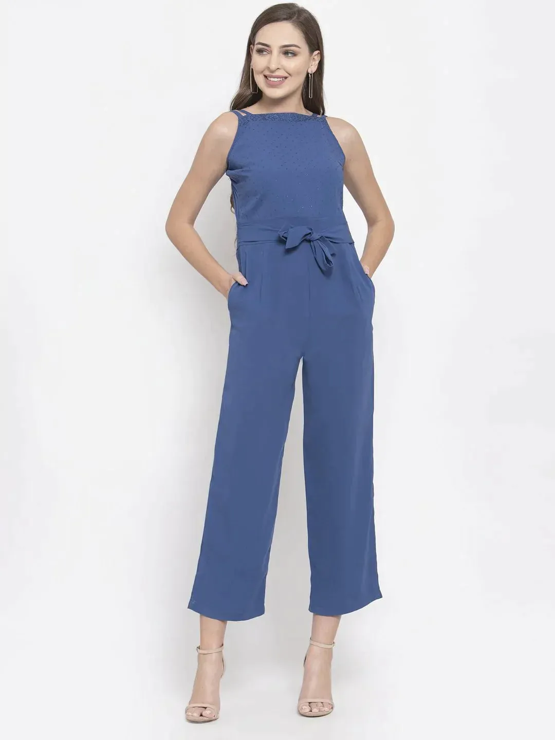 Women Blue Solid Embellished Jumpsuit