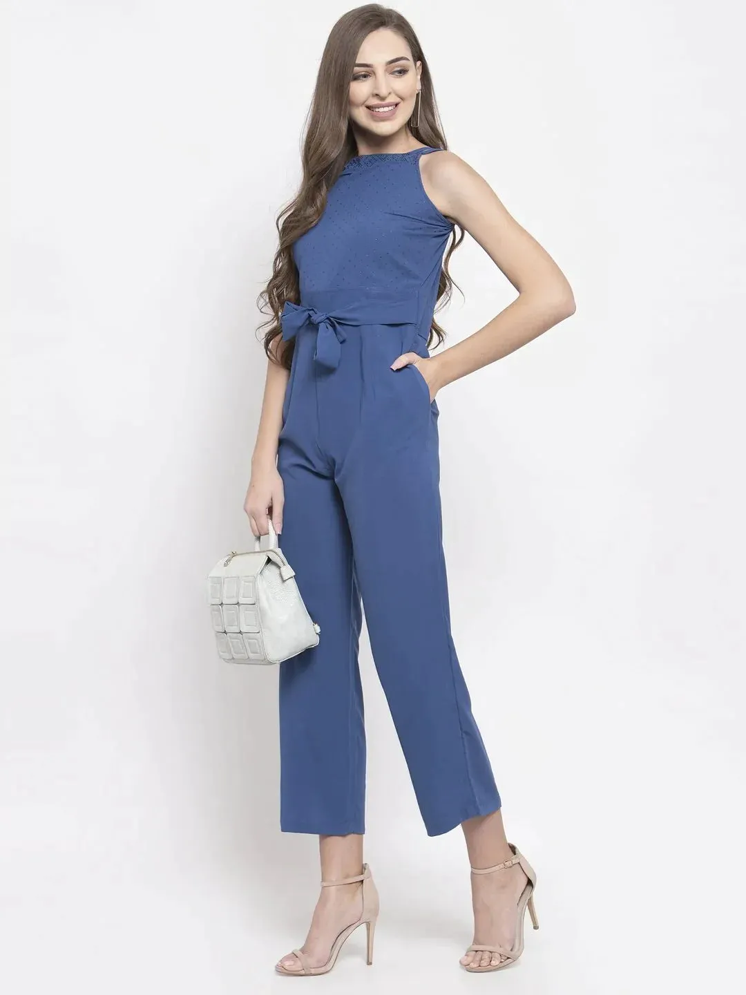 Women Blue Solid Embellished Jumpsuit