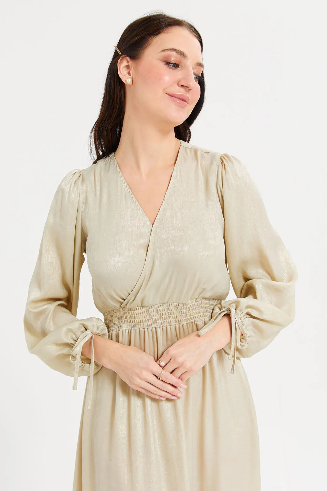 Women Gold Solid Wrap Dress