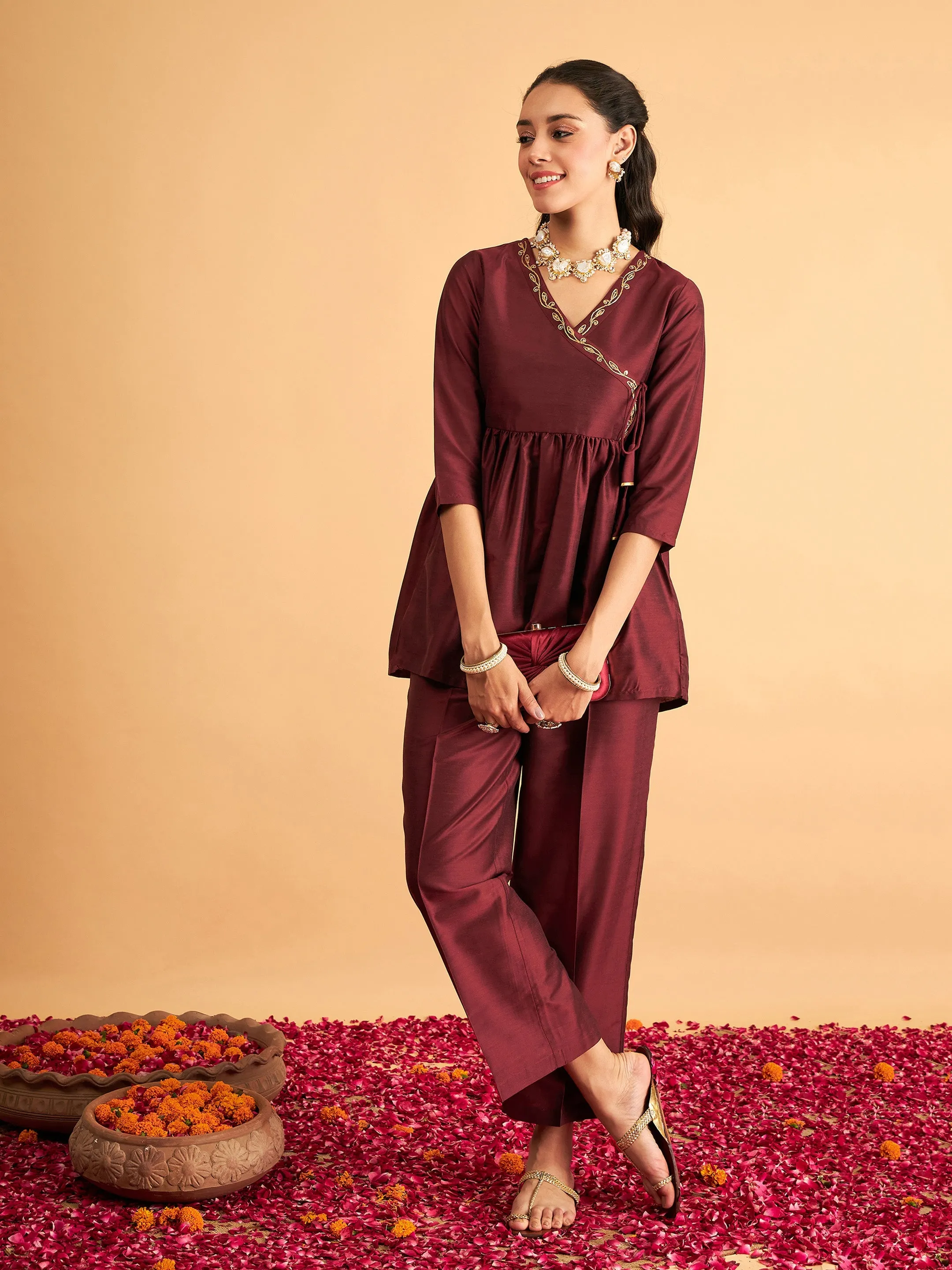 Women Maroon Embroidered Wrap Peplum Top With Pants