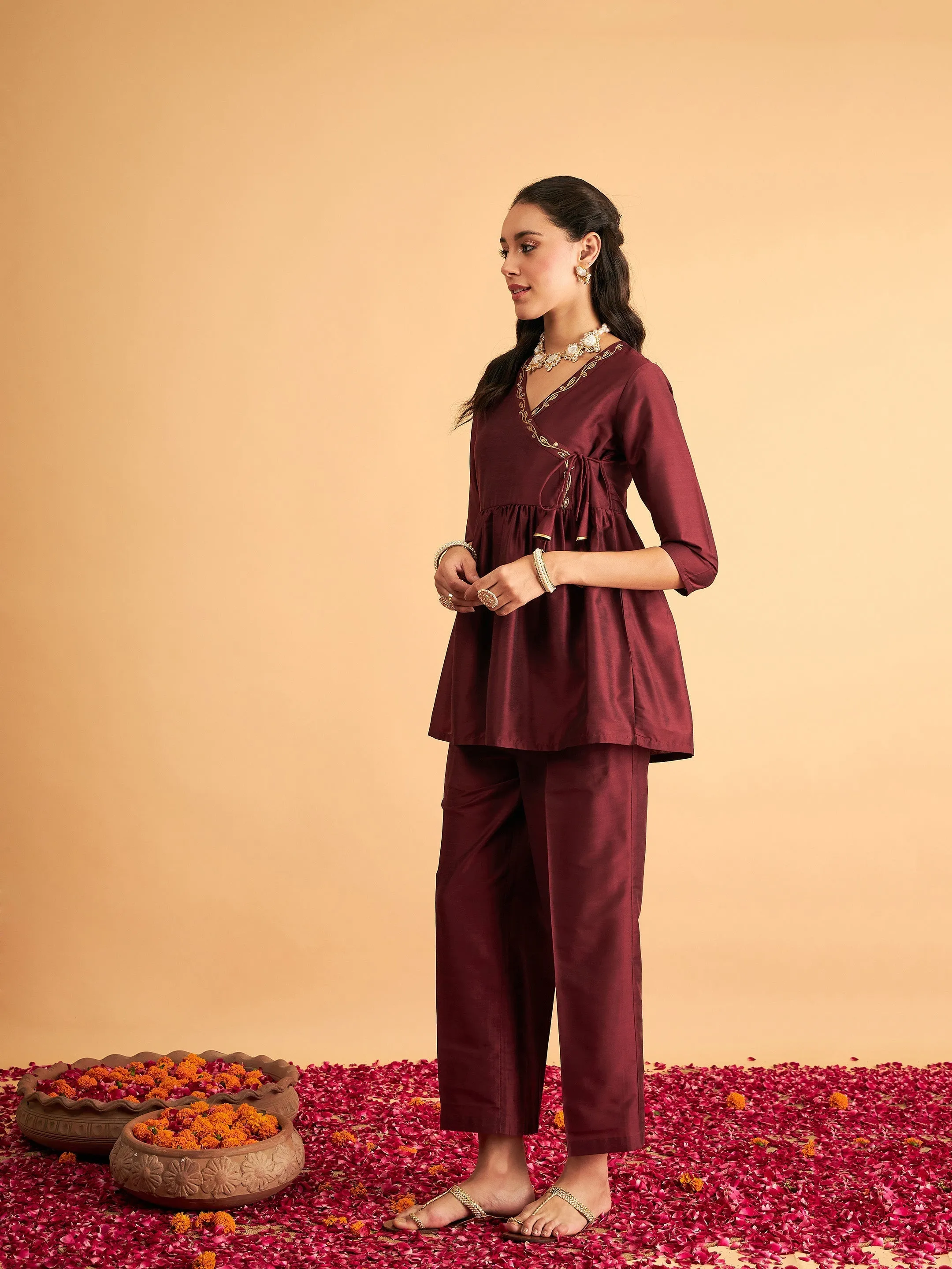 Women Maroon Embroidered Wrap Peplum Top With Pants