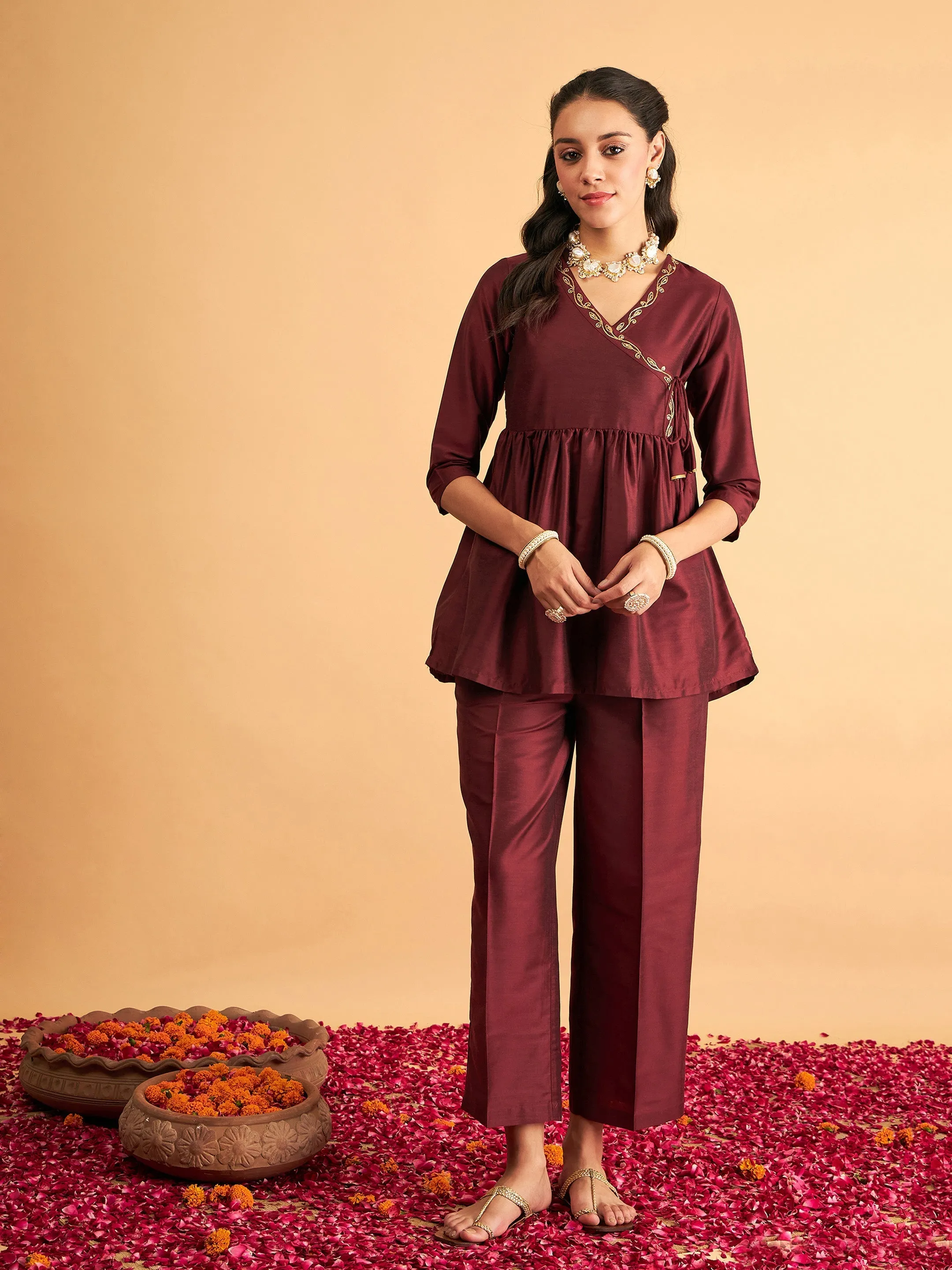 Women Maroon Embroidered Wrap Peplum Top With Pants