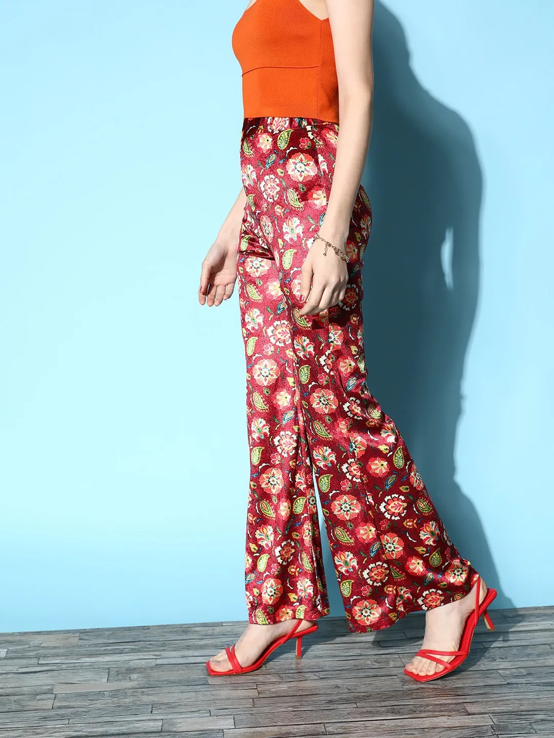 Women Maroon Floral Velvet Bell Bottom Pants