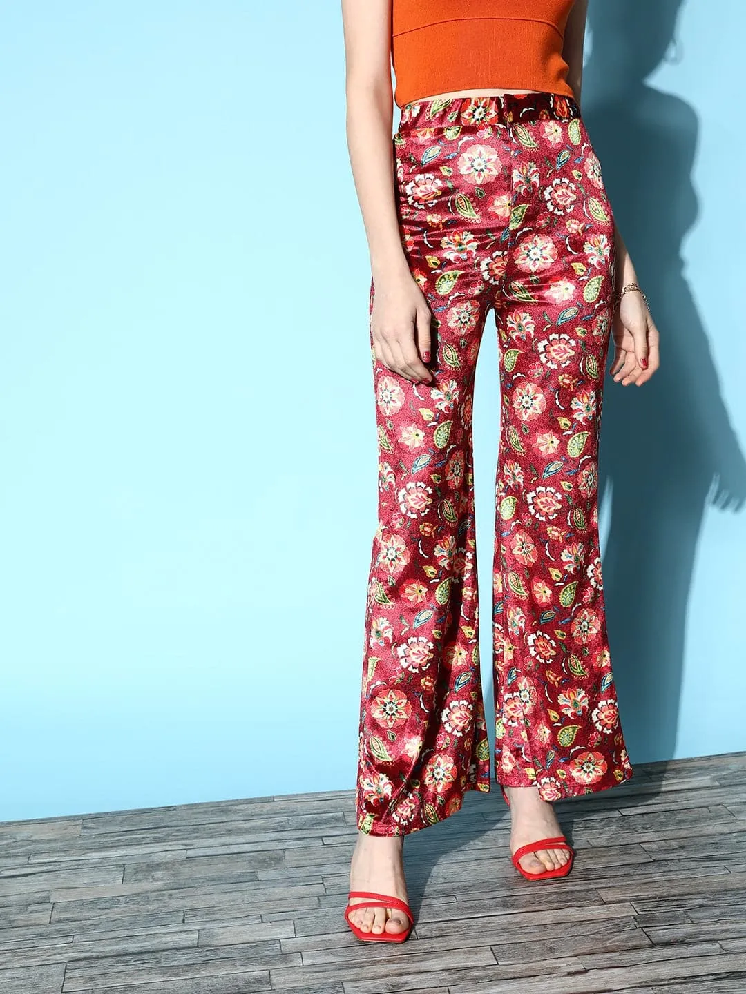 Women Maroon Floral Velvet Bell Bottom Pants