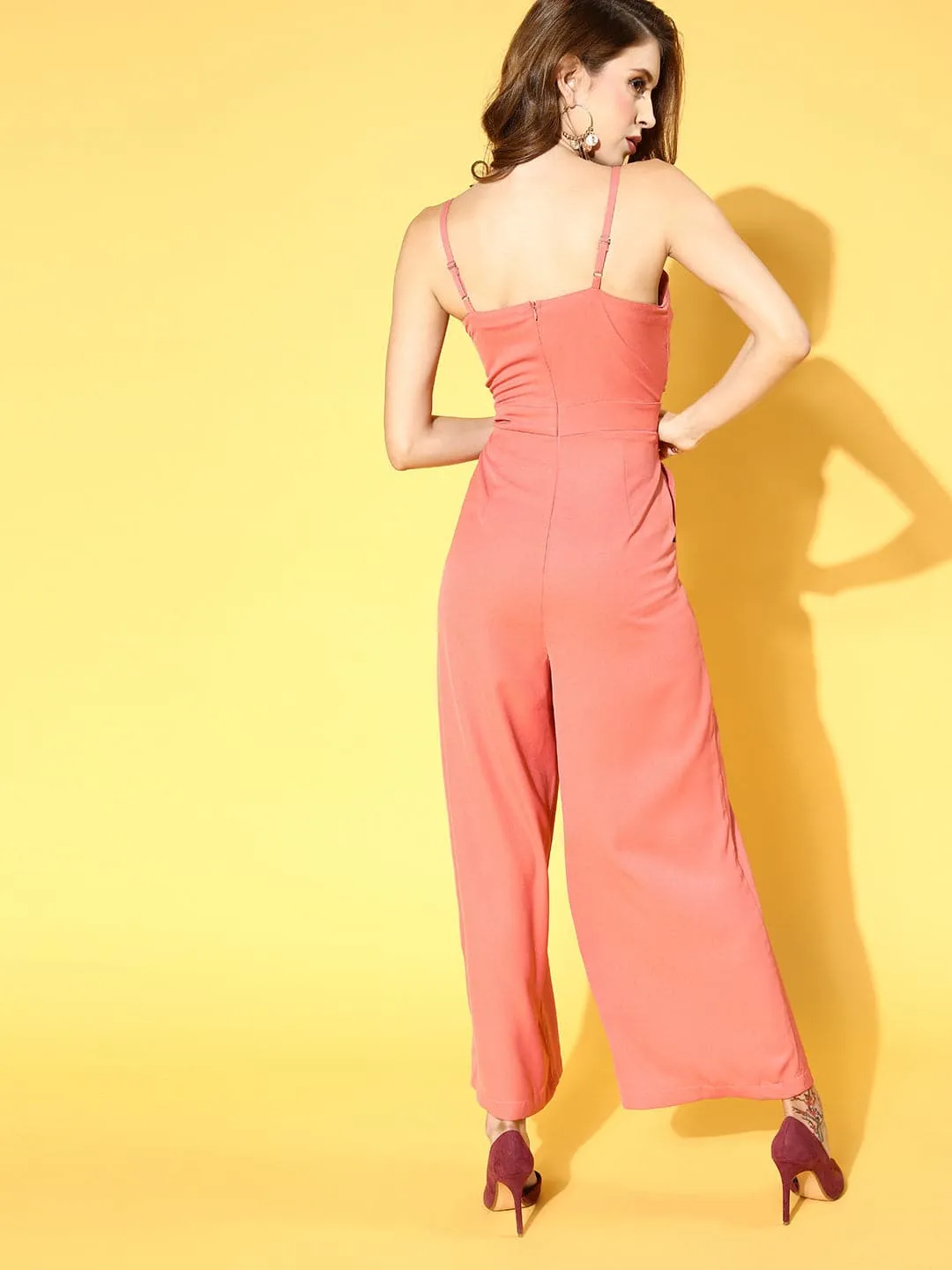 Women Pink Front Tie Knot Jumpsuit