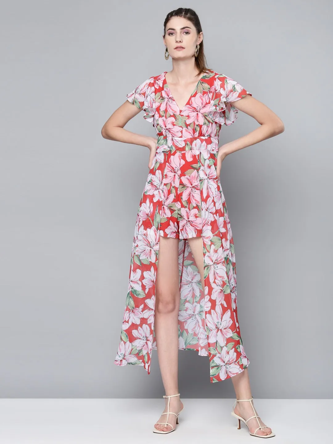 Women Red Floral Maxi Romper