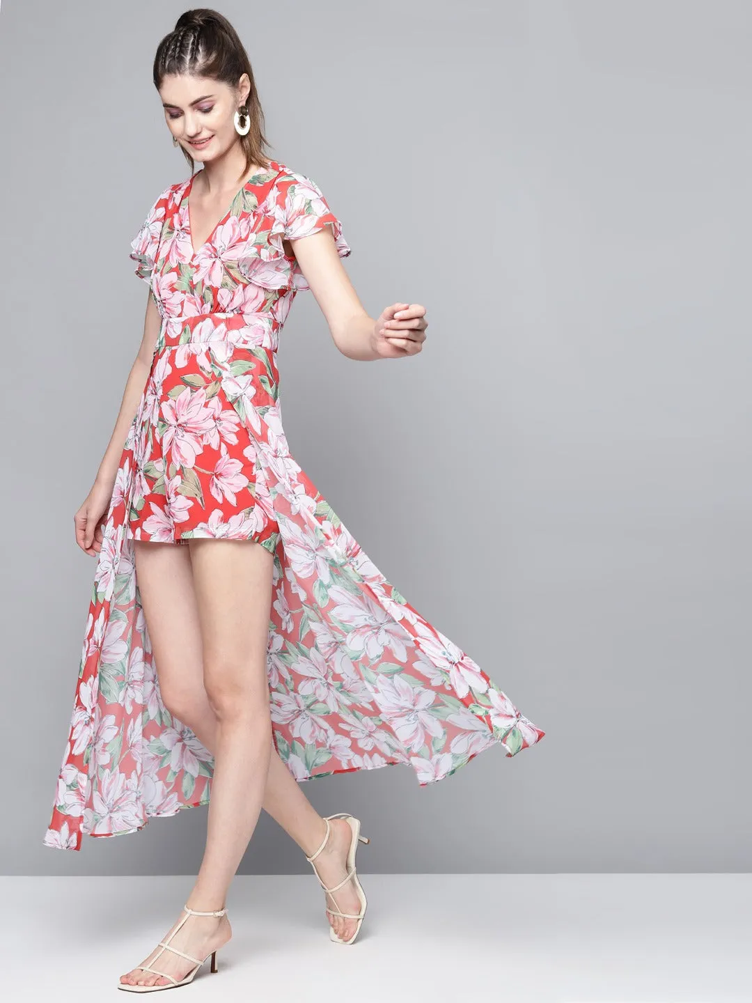 Women Red Floral Maxi Romper