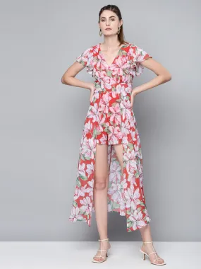 Women Red Floral Maxi Romper