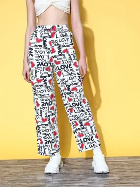 Women Red Love Heart Print Straight Pants