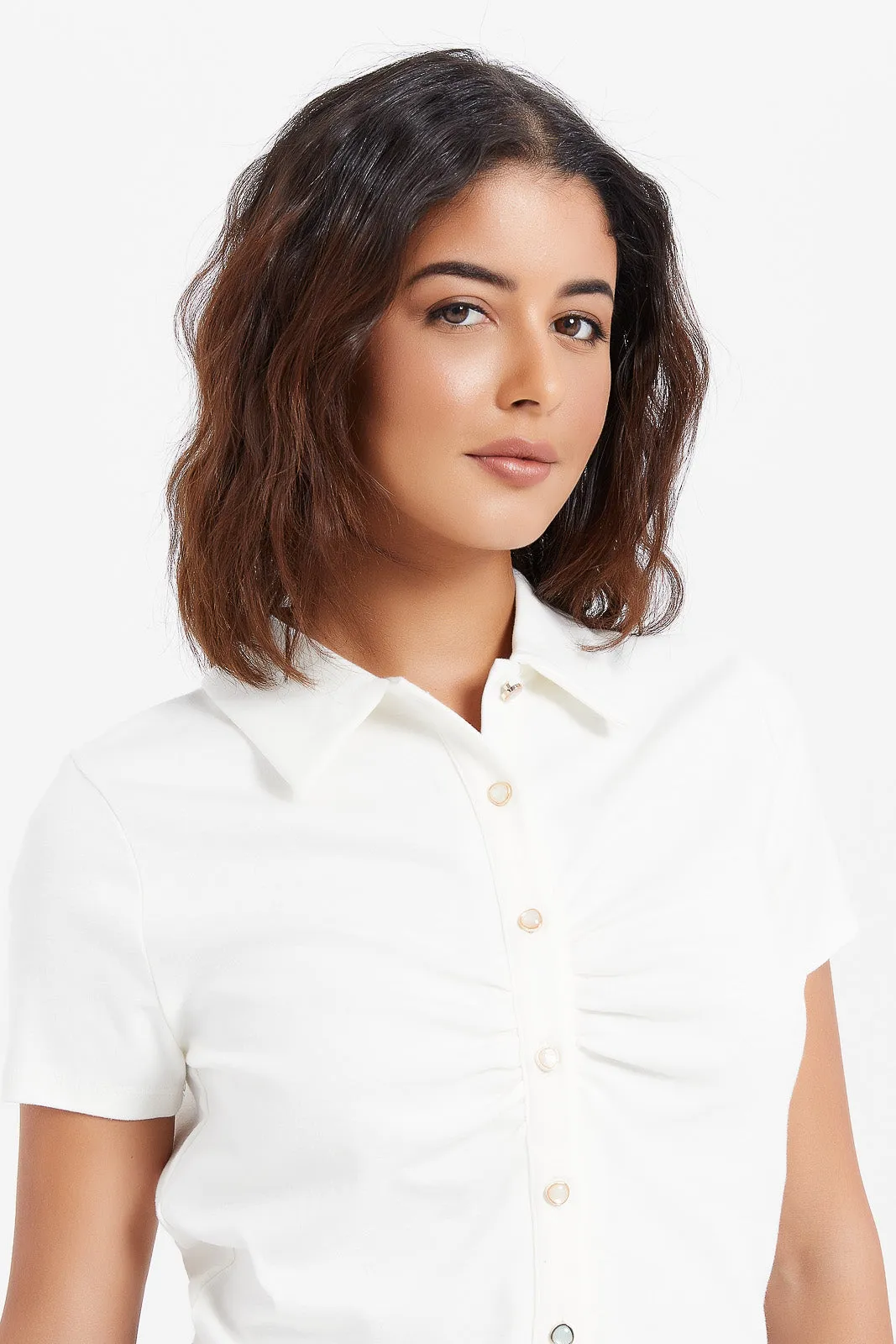 Women White Ruched Button Up Top