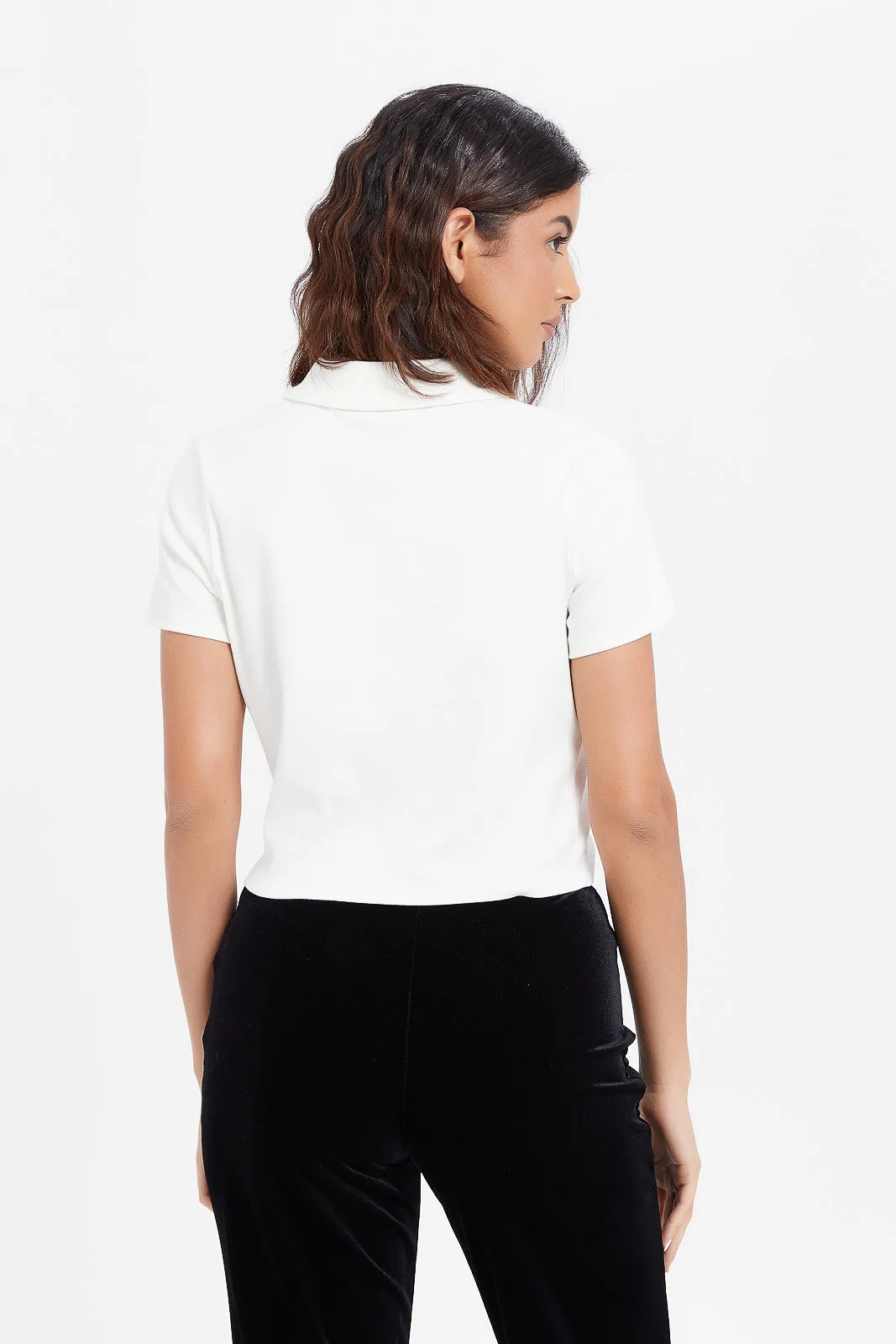 Women White Ruched Button Up Top