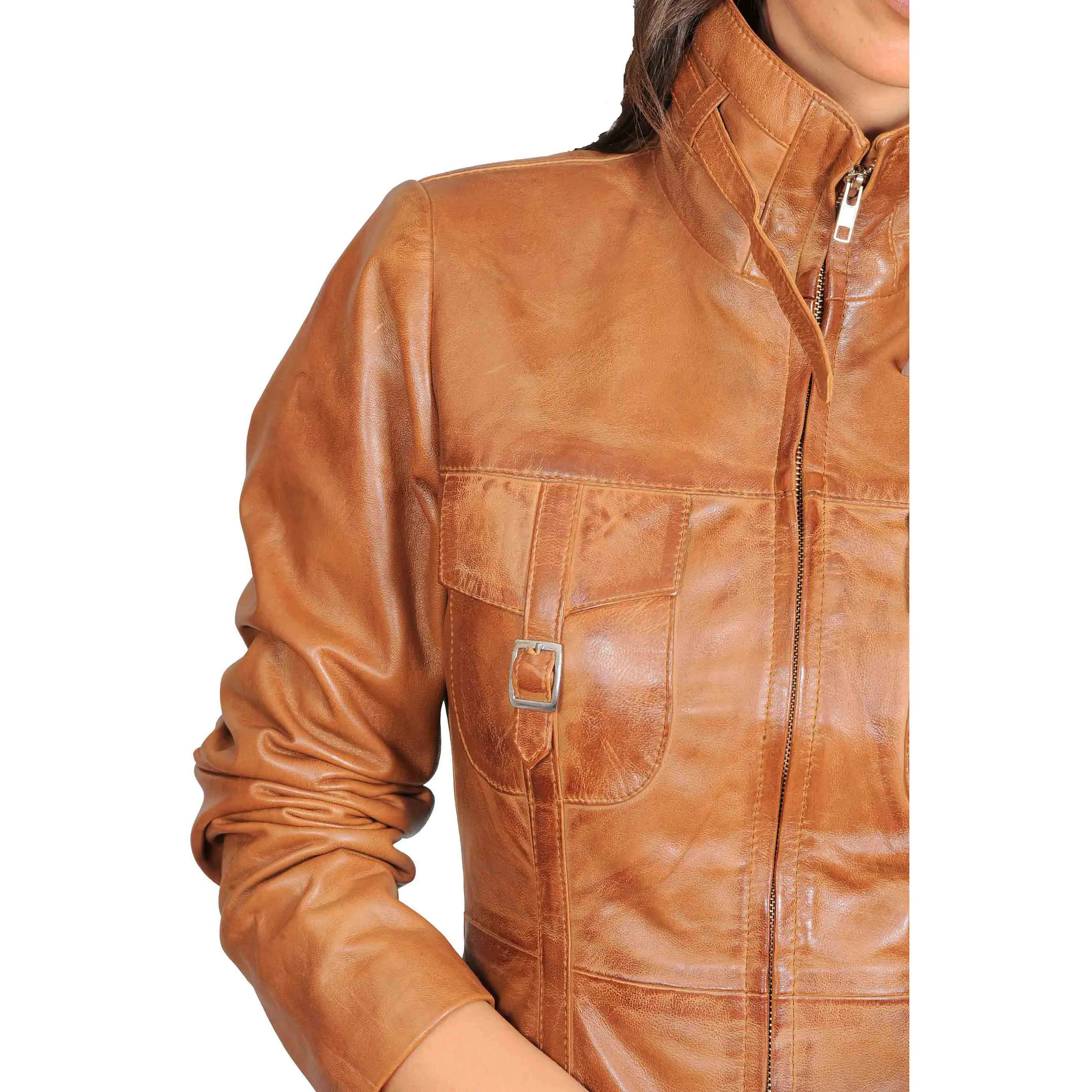 Womens 3/4 Long Zip Fasten Leather Jacket Carol Tan