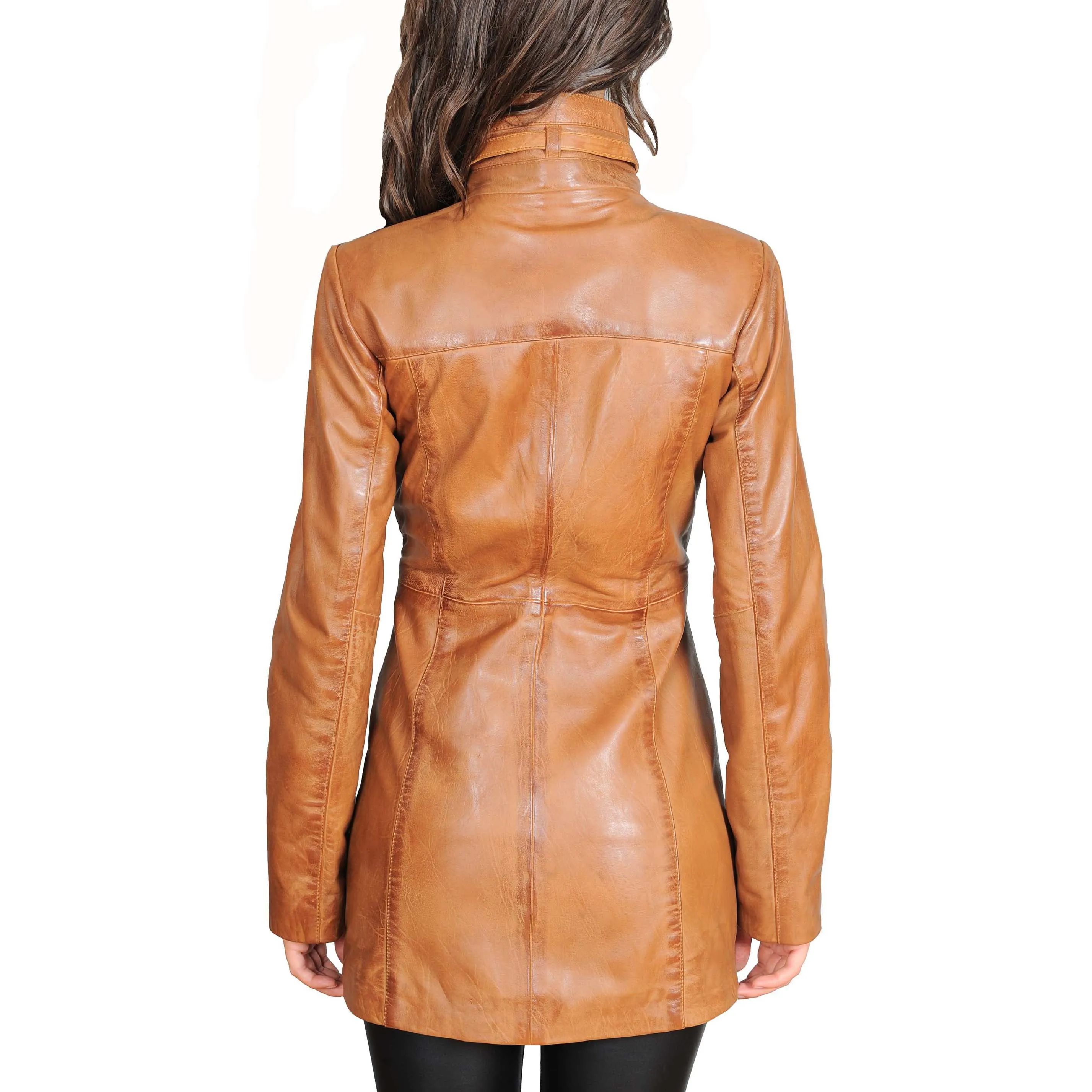 Womens 3/4 Long Zip Fasten Leather Jacket Carol Tan