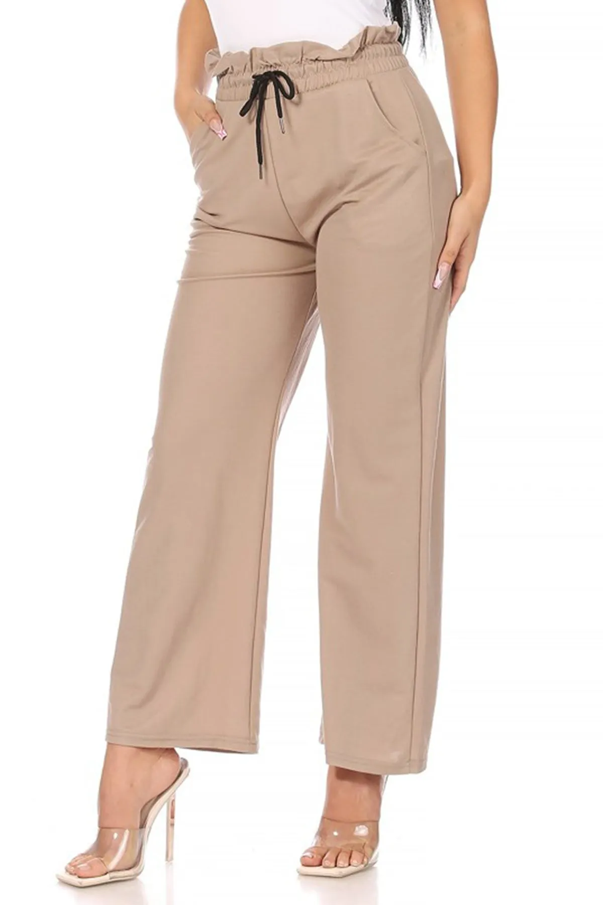 Women's Casual Wide Leg Elastic Drawstring Waist Solid Comfy Long Pants whit Pockets