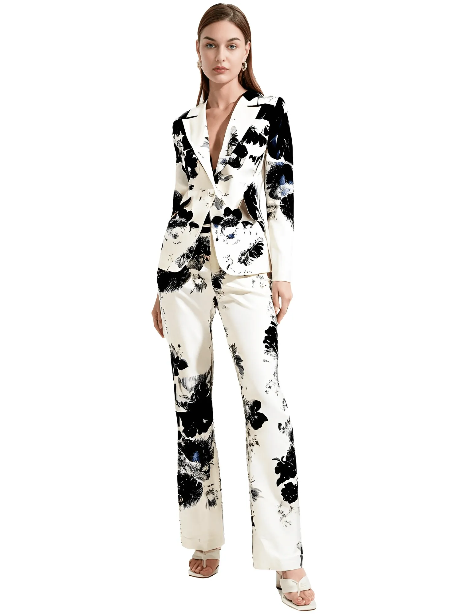 Women's Gorgeous Black White Floral Printed Blazer Suit Jacket Pencil Pants Set 2pcs