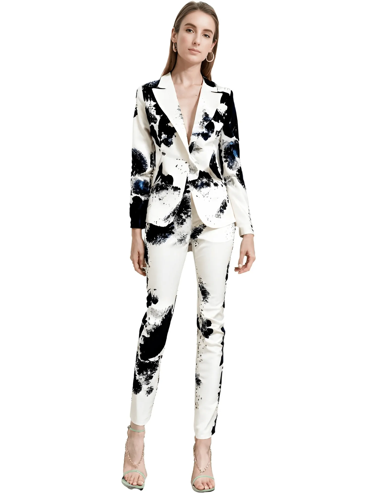 Women's Gorgeous Black White Floral Printed Blazer Suit Jacket Pencil Pants Set 2pcs