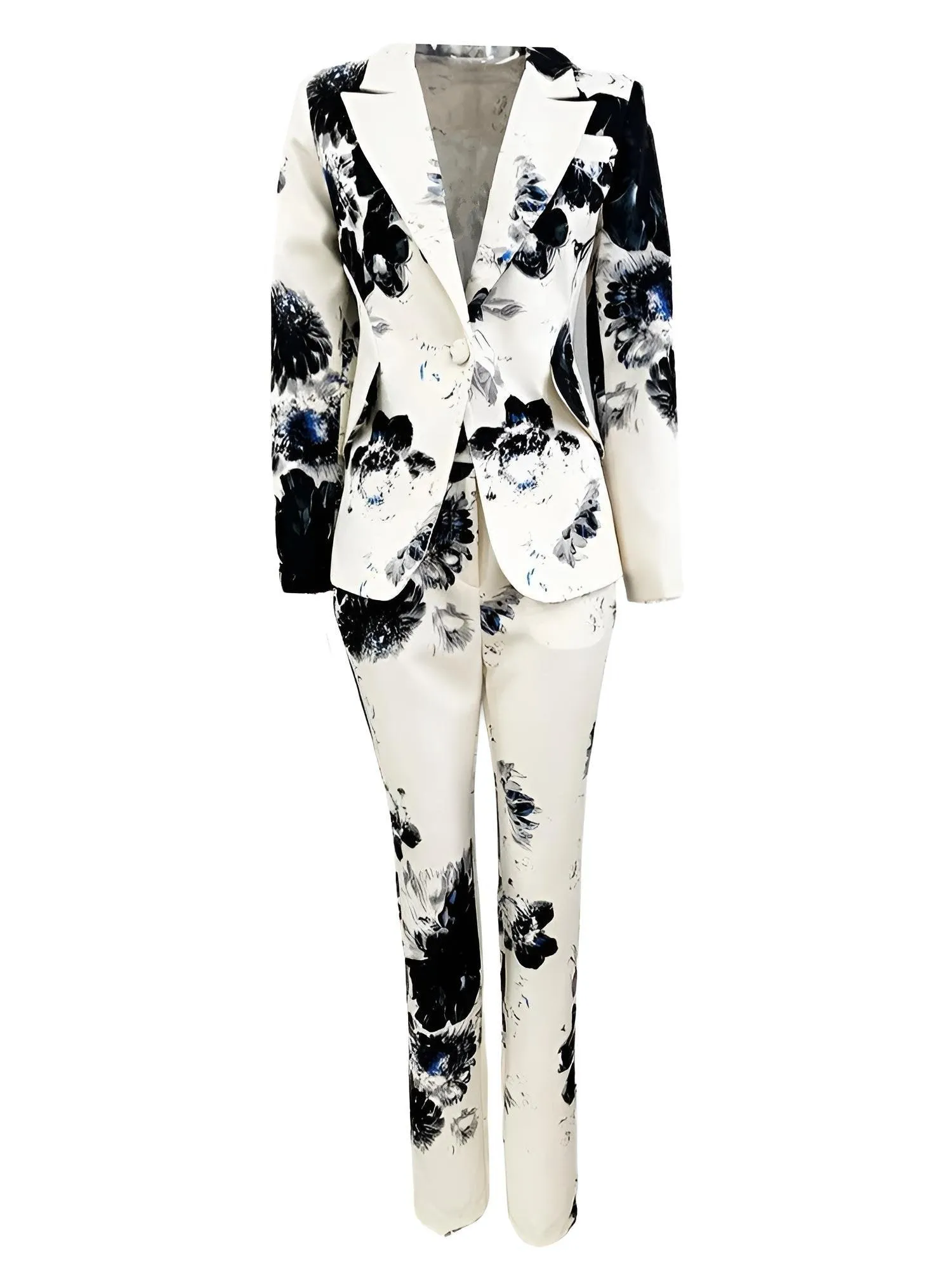 Women's Gorgeous Black White Floral Printed Blazer Suit Jacket Pencil Pants Set 2pcs