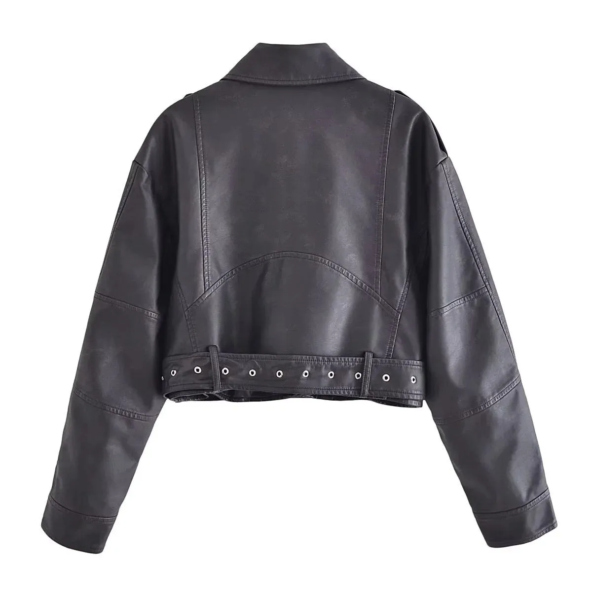 Women's Leather Jacket Bomber Belt Vintage Turn Down Collar Zipper Short Coat