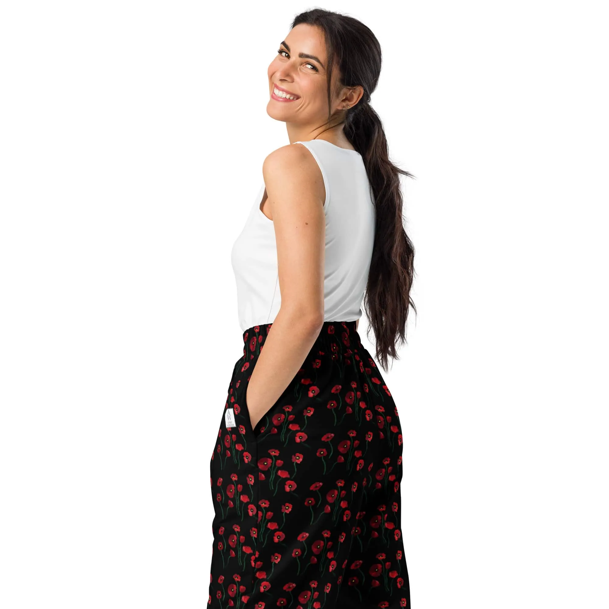 Women's Recycled Polyester Wide-Leg Joggers with Poppy Flowers