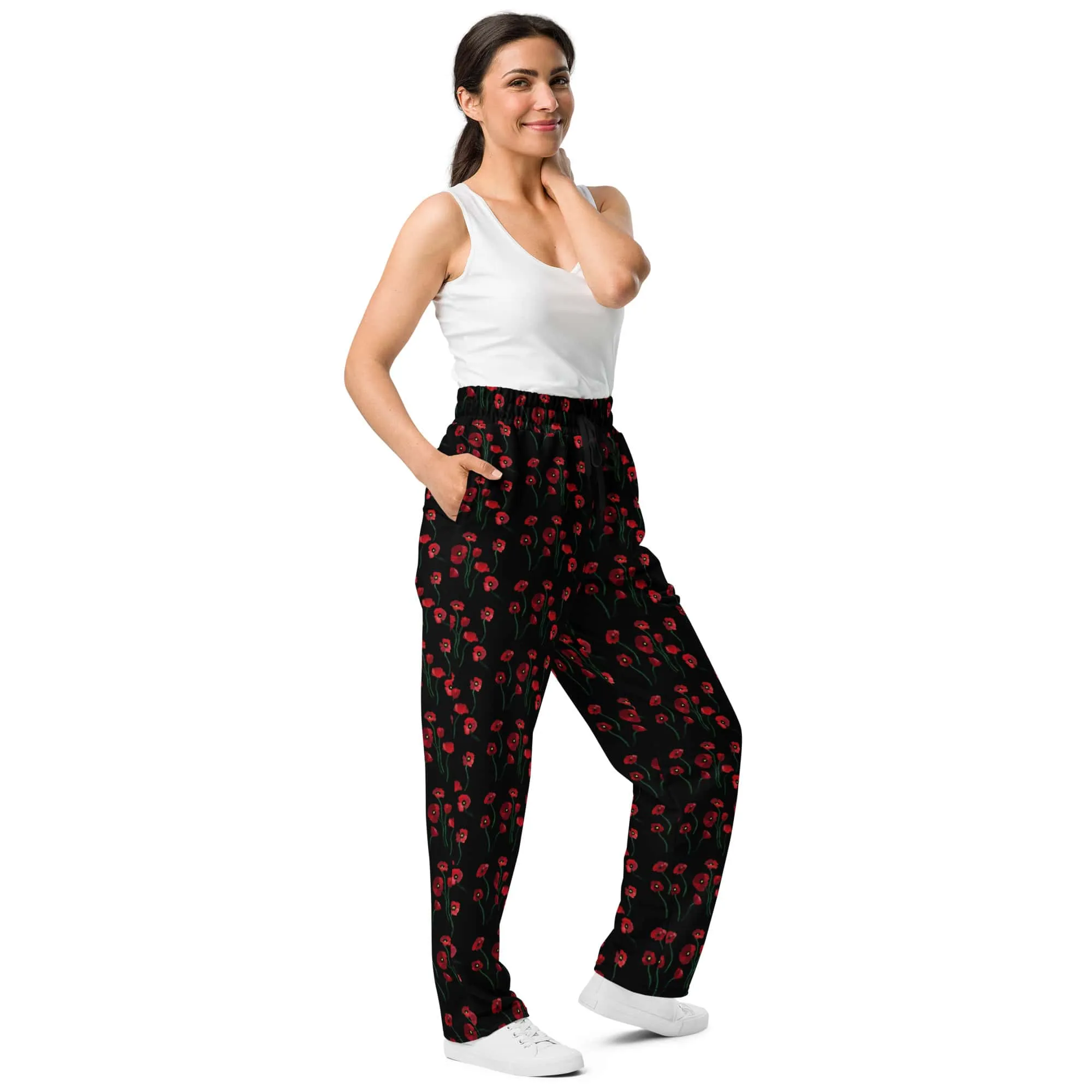 Women's Recycled Polyester Wide-Leg Joggers with Poppy Flowers