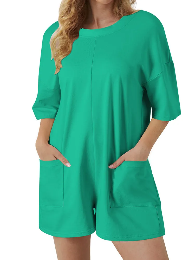 Womens Short Sleeve Rompers Backless Shorts Jumpsuit with Pockets