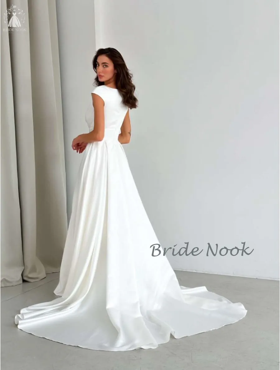 Wrap Neckline Sleeveless White Wedding Gown With open Slit