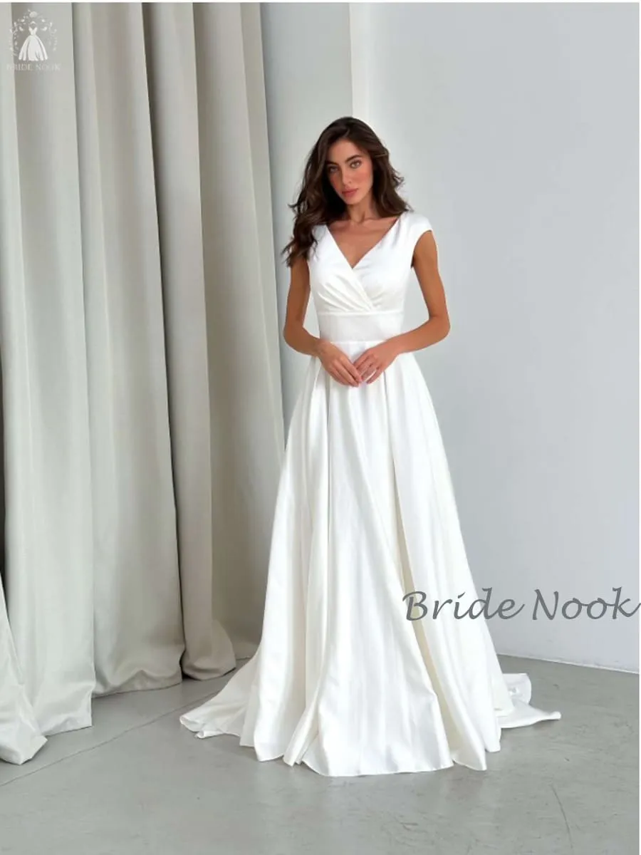 Wrap Neckline Sleeveless White Wedding Gown With open Slit