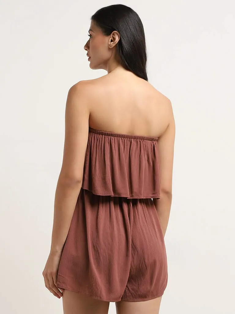 Wunderlove Brown Crinkle Texture Bandeau Jumpsuit