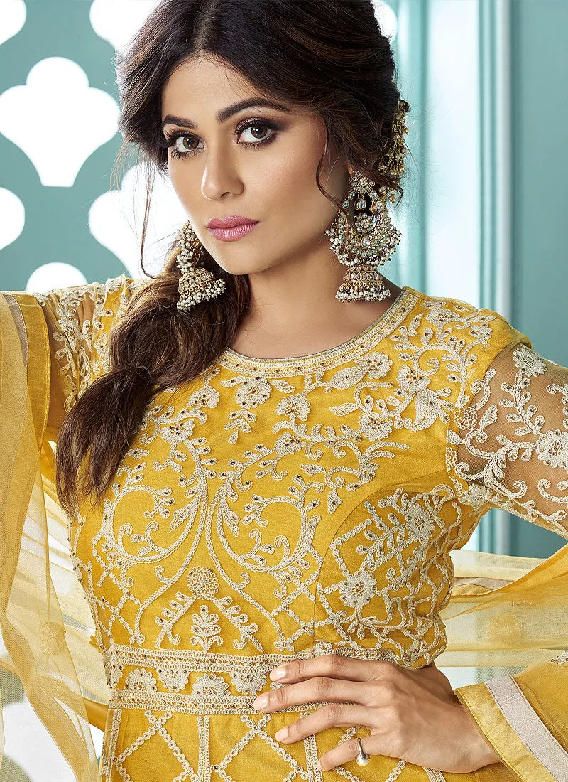 Yellow Embroidery Anarkali Style Lehenga Suit