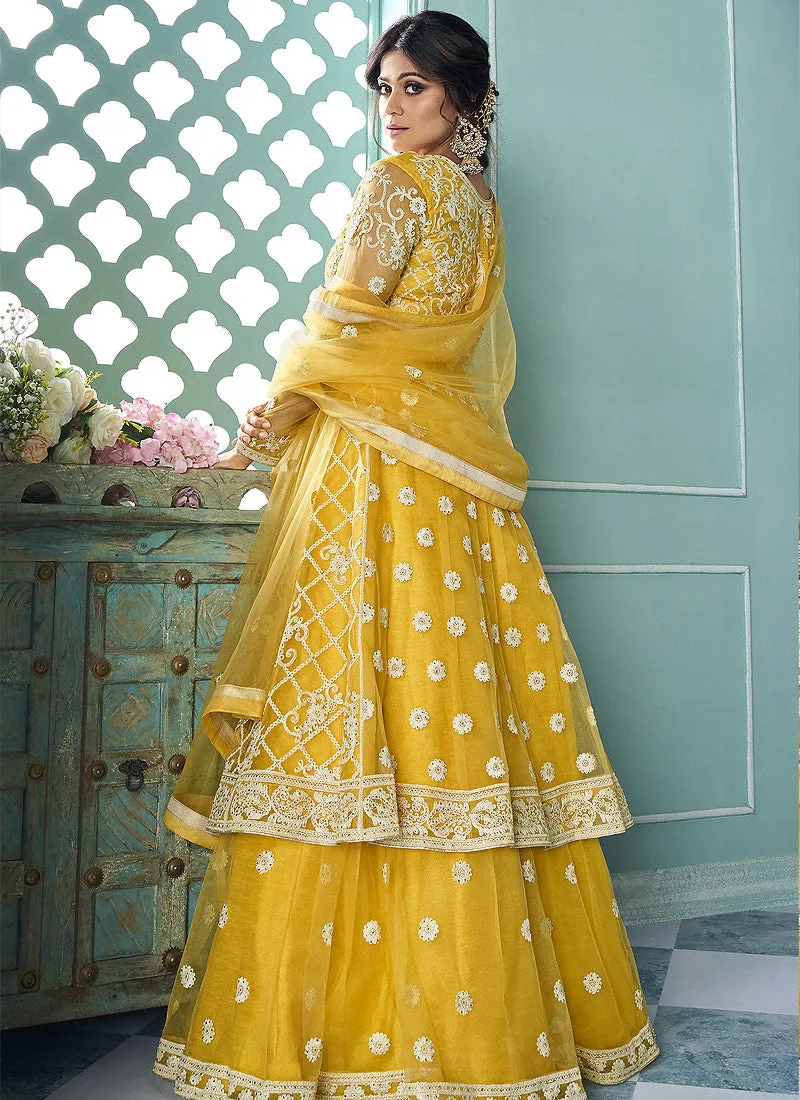 Yellow Embroidery Anarkali Style Lehenga Suit